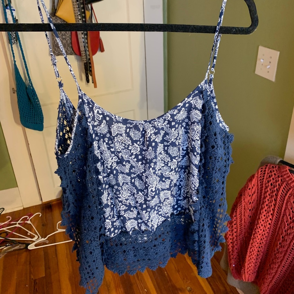 Blue Cropped Tank Top with Open Lace Sides